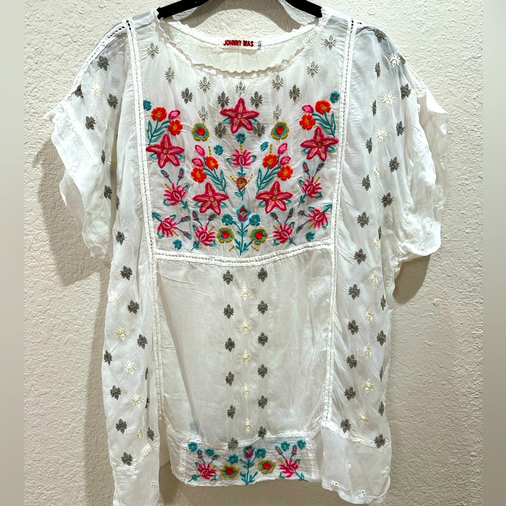 Johnny Was White Embroidered Floral Peasant Blouse